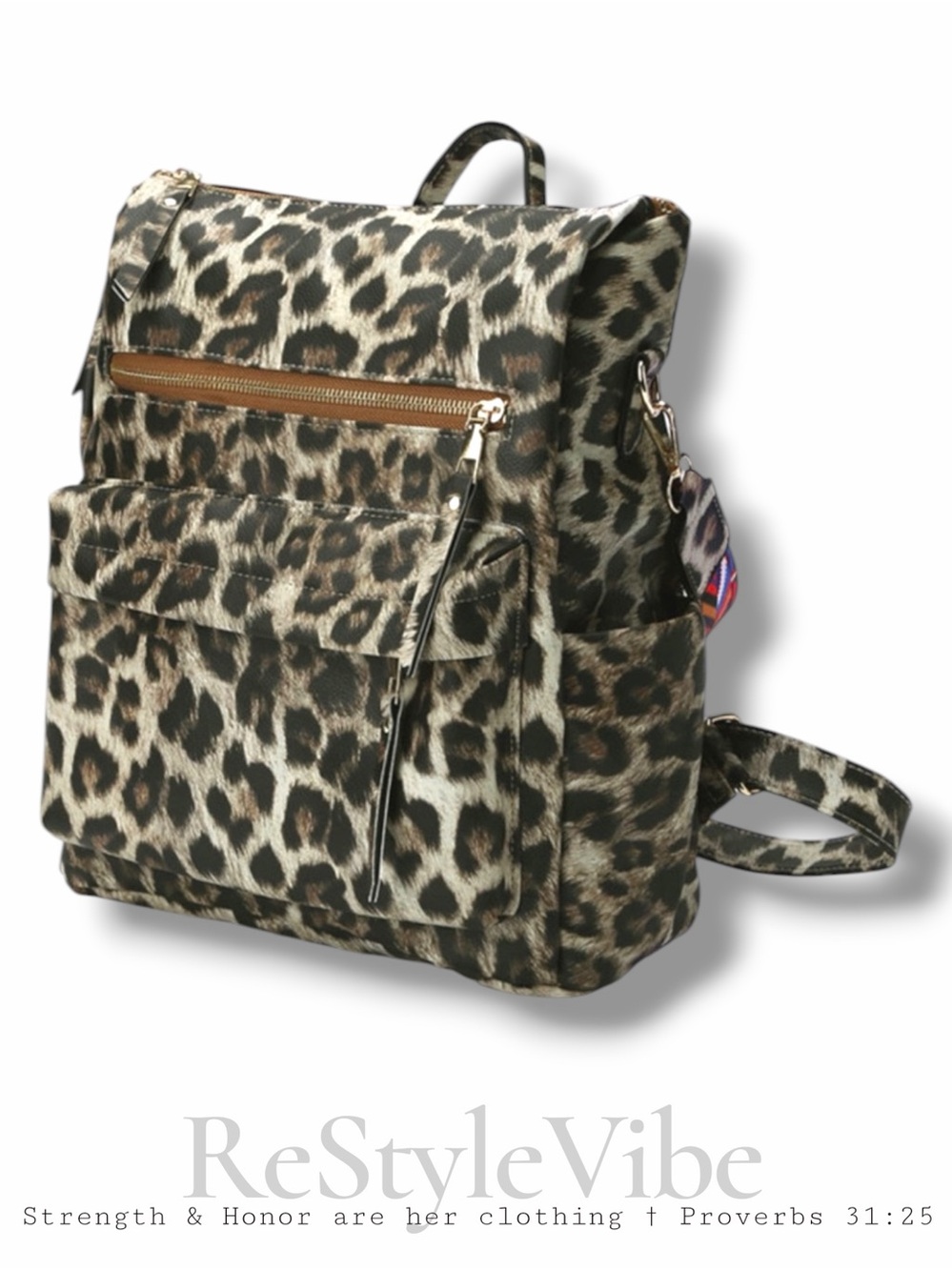 NEW Trendy Tan Leopard Animal Print Backpack Bag Handbag Vegan Leather Large